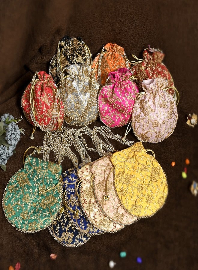 STLYZ Traditional Embroidered Potli Bag For Women, Handmade Pure Silk Potli Handbag Wristlets Ethnic Bridal Potli Batwa Bag For Ladies For Wedding, Return Gifts - Image 2